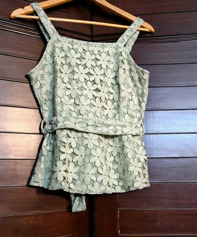 Faballey Green Lace Strappy Belted Peplum Top