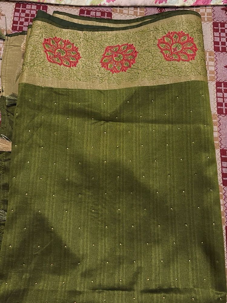 Elegant Olive Green Embroidered Saree