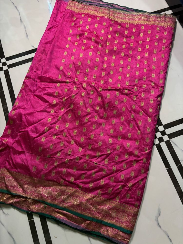 Vibrant Pink Silk Saree with Gold Border