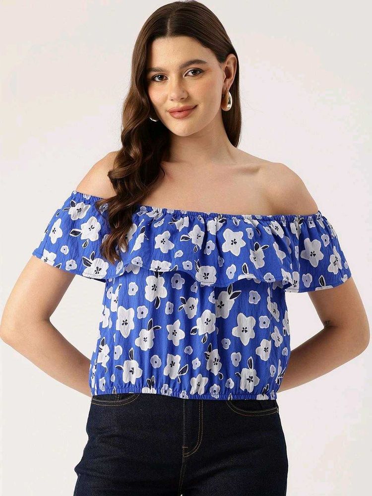 Blue Floral Off-Shoulder Ruffle Top