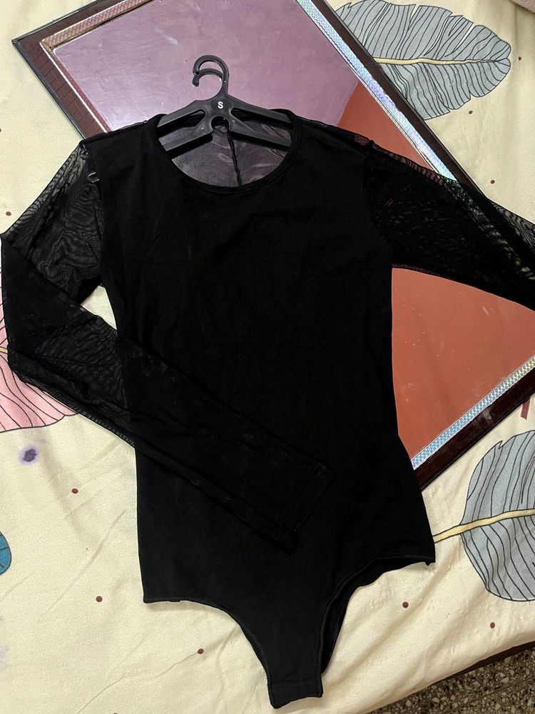 Black Backless Mesh Sleeve Bodysuit