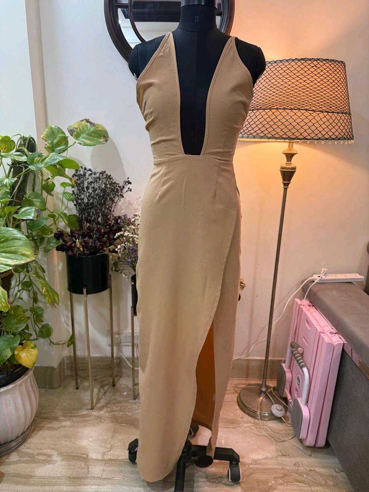 Elegant Beige Plunge Neck Maxi Dress