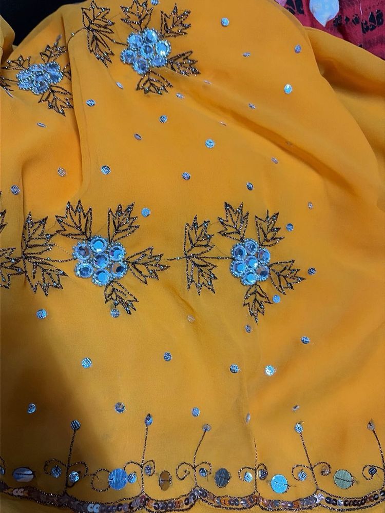 Embroidered Yellow Georgette Saree💛