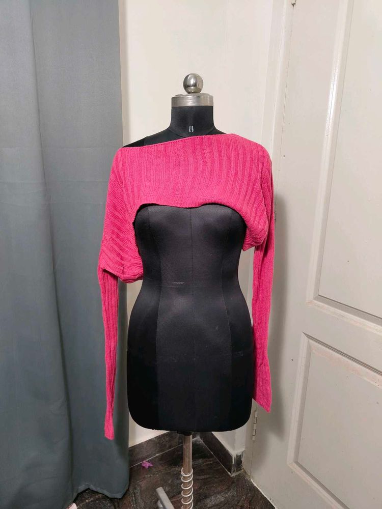 Bright Pink Ribbed Knit Cropped Sweater/bolero