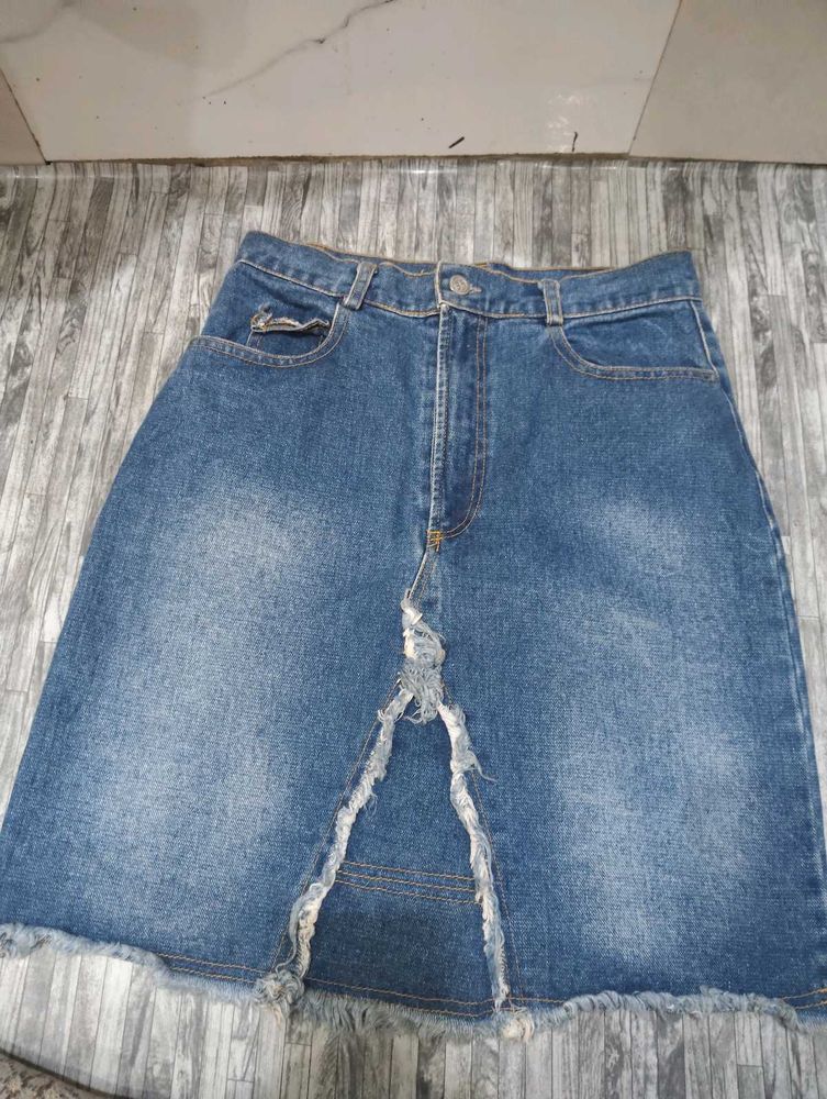 Denim Mini Skirt with Distressed Detail