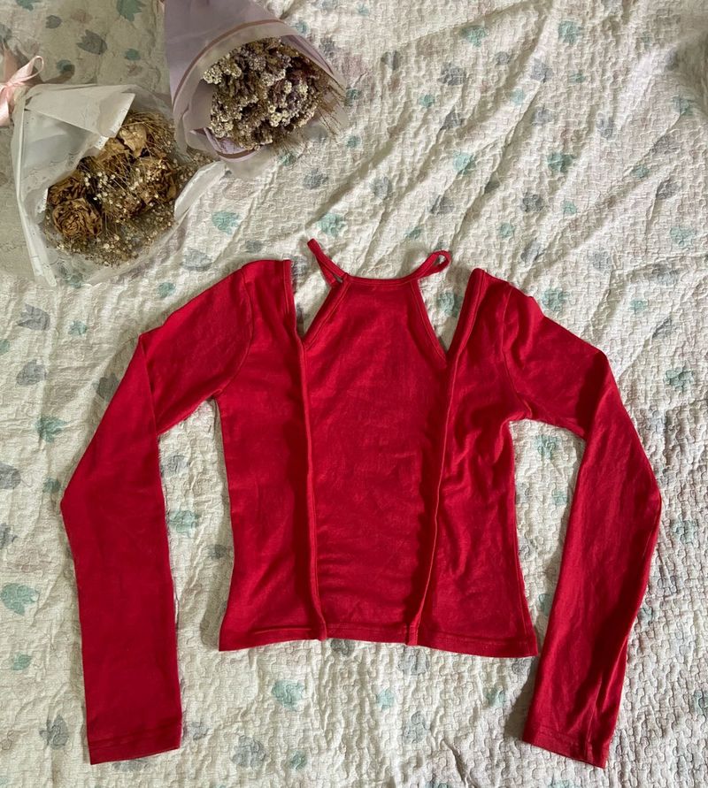 Y2K and Corset Type  Red Cut-Out Long Sleeve Top