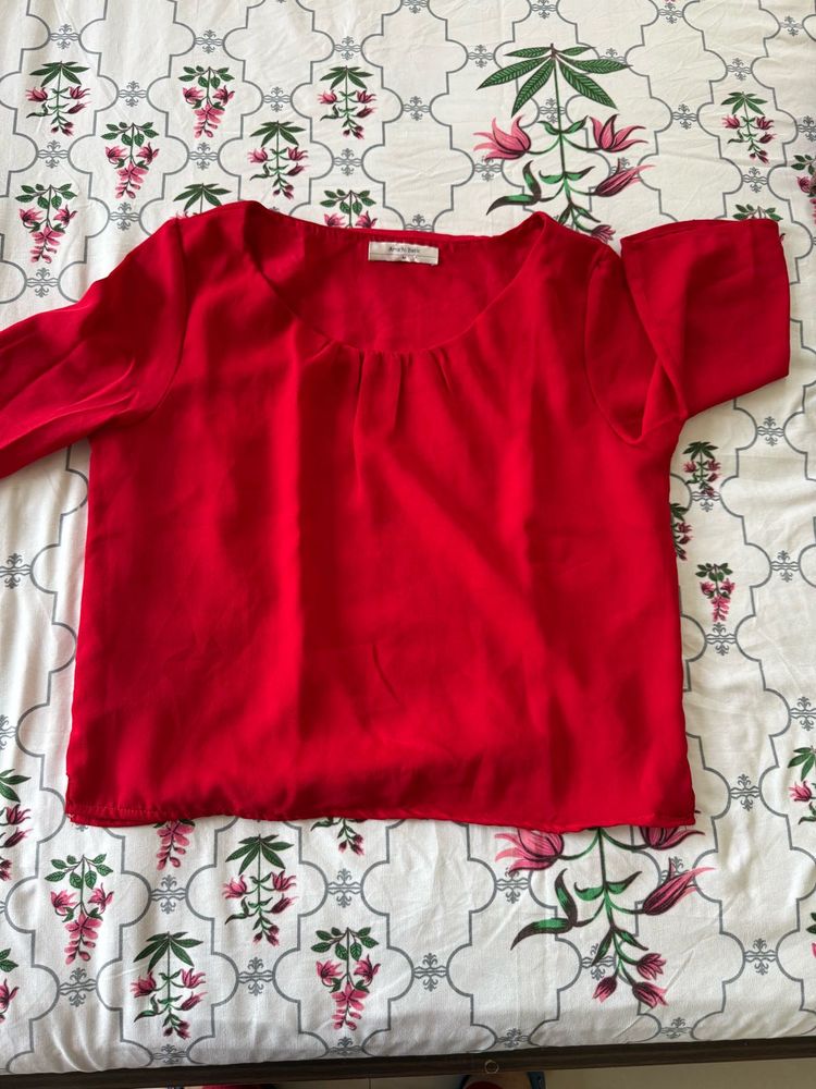 Vibrant Red Pleated Neckline Top