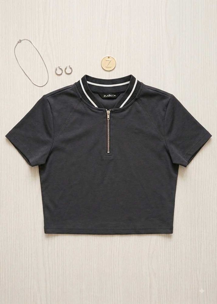 Stylish Cropped Zip Polo Top