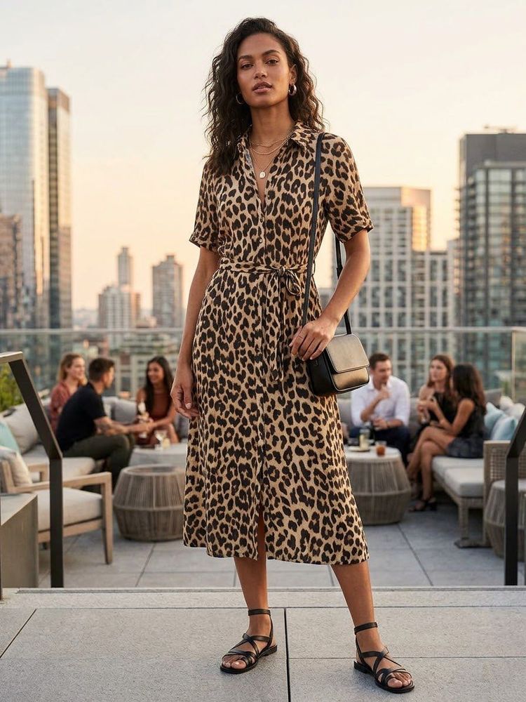 Stylish Leopard Print Shirt Dress
