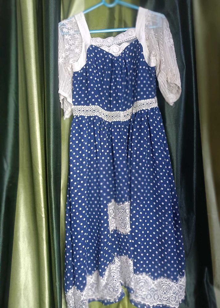 Blue Polka Dot Lace Trim Dress