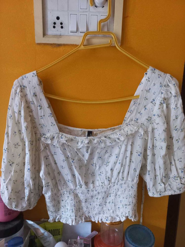 White Floral Print Smocked Crop Top