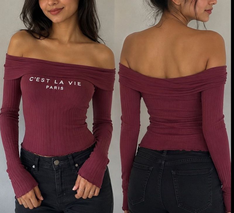 Maroon Ribbed "C'est La Vie" Top