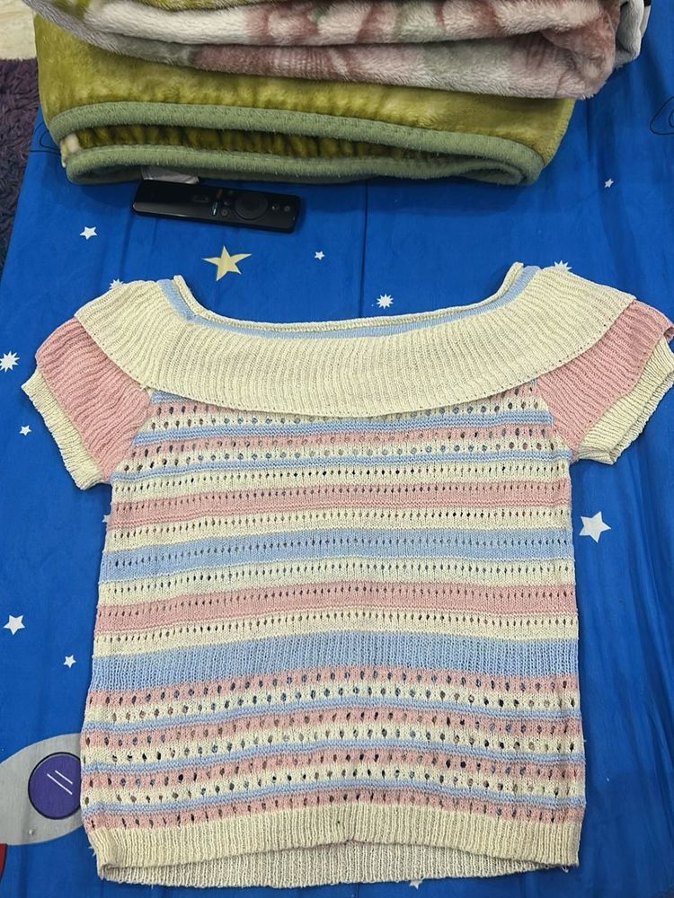 Crocheted Striped Off-Shoulder Top