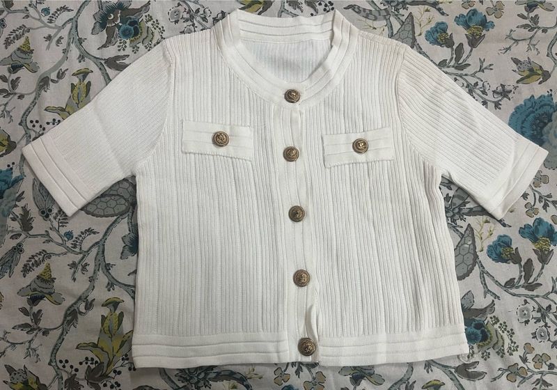 White Ribbed Button-Up Cardigan