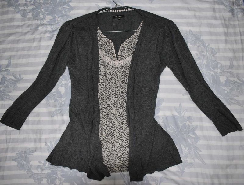 y2k Chic Grey Cardigan attached with Floral Top