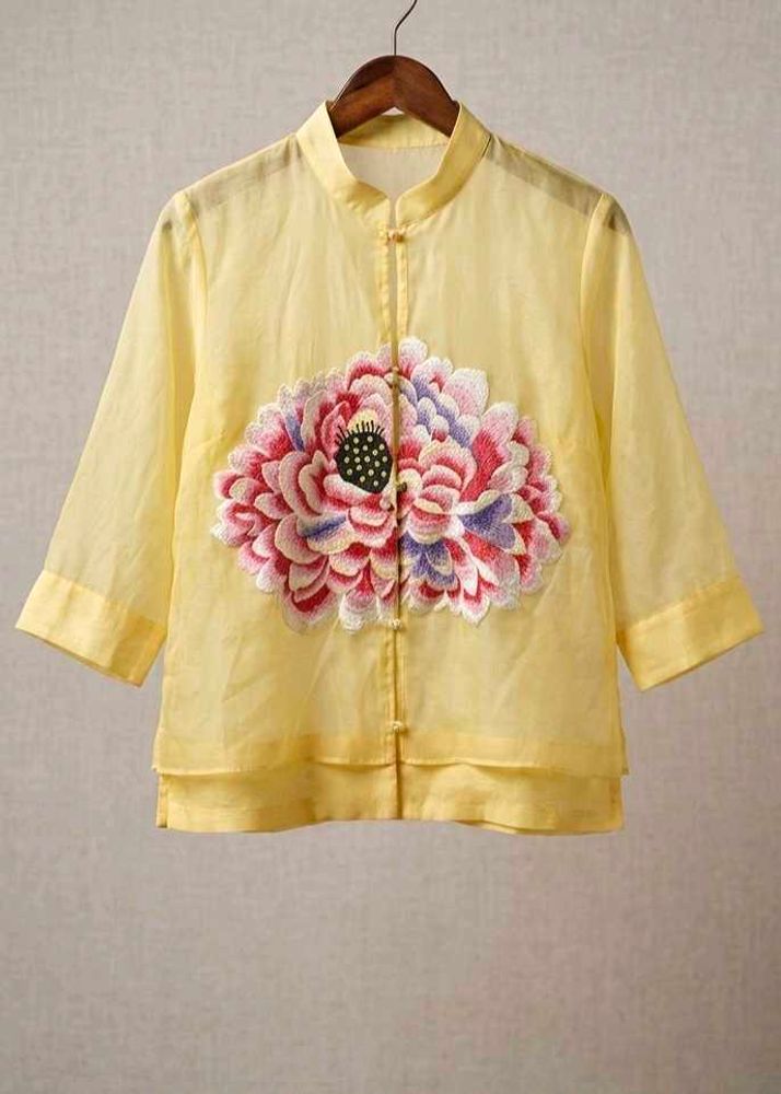 Yellow Embroidered Mandarin Collar Blouse
