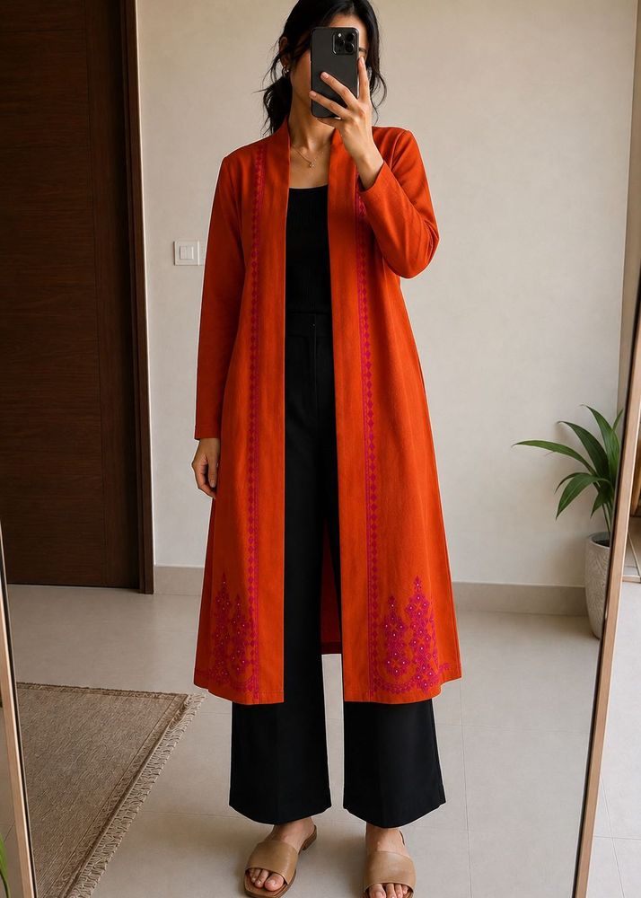 Rust Orange Knee-Length Embroidered Shrug