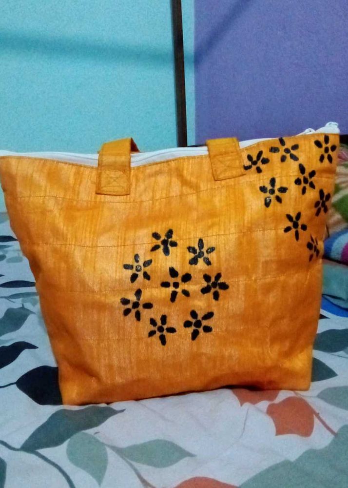 Orange Tote Bag with Floral Print