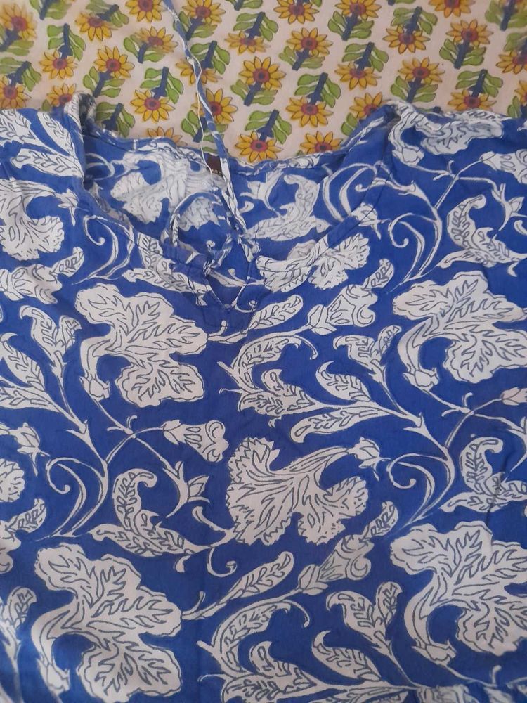 Blue Floral Print Cotton Blouse