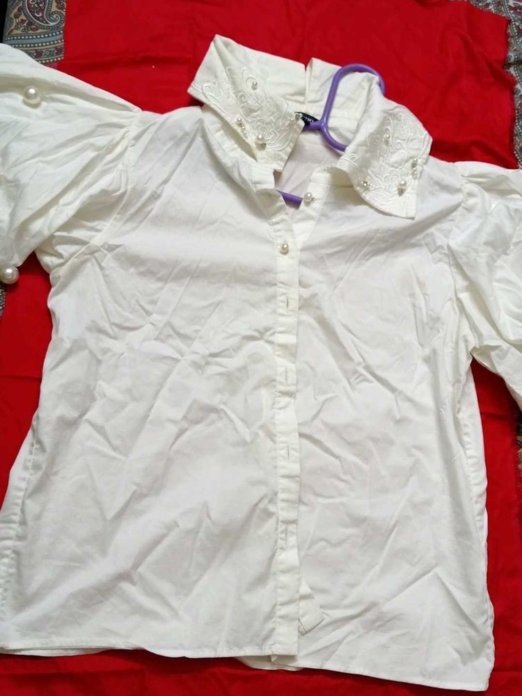 Elegant Pearl Embellished White Blouse