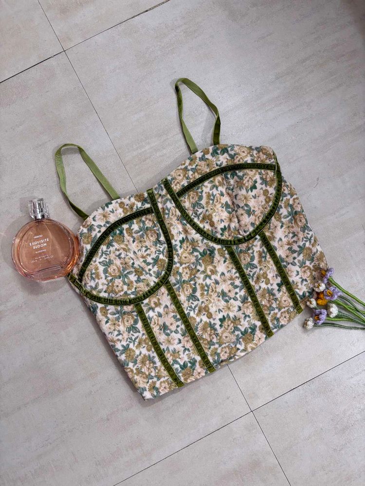 Floral Corset Top with Green Trim
