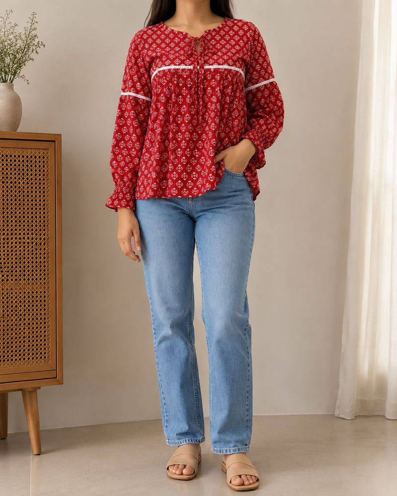 Red Printed Tie-Neck Blouse