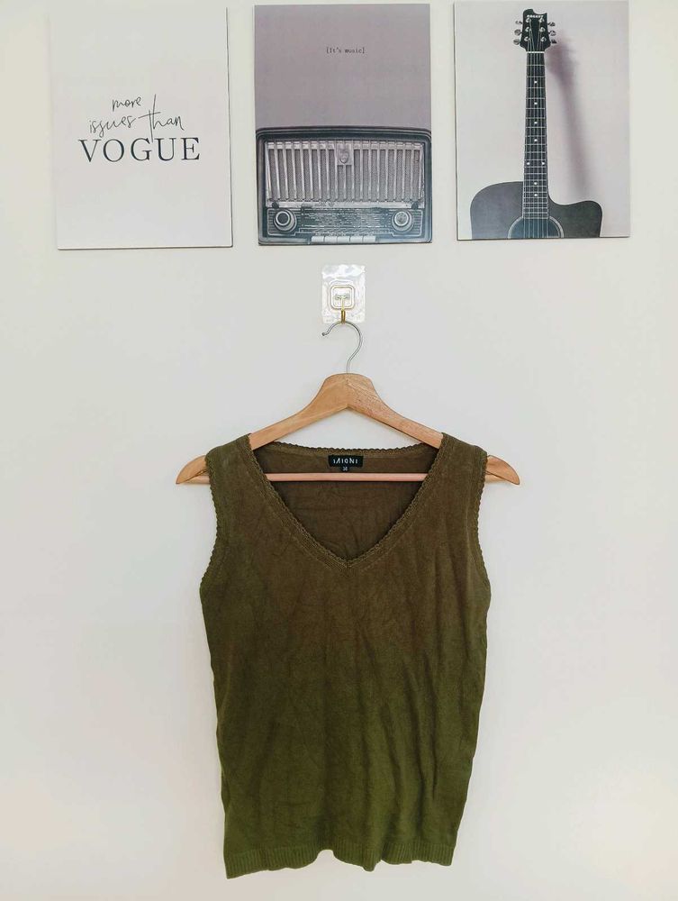Olive Green Sleeveless V-Neck Top