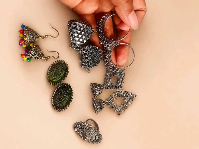 combo oxidised earring, studs and finger ring set