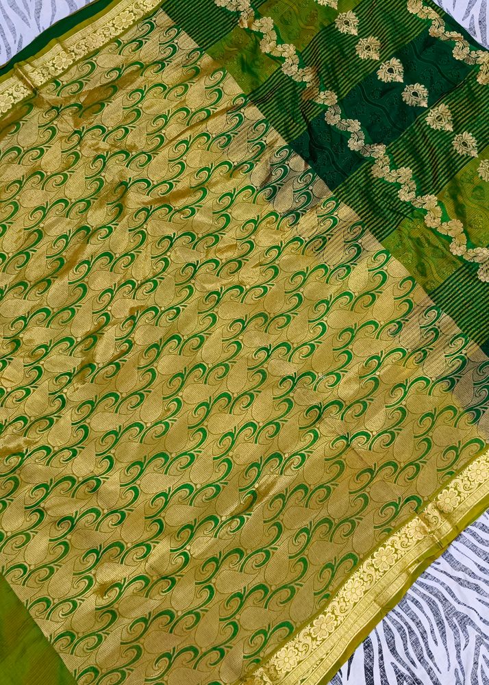 gold and green colour saree