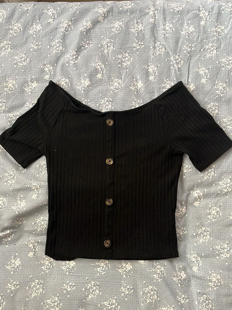 Black Ribbed Button-Up Top