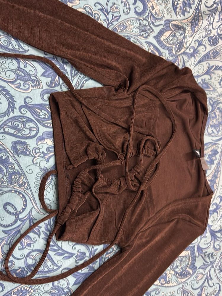 Brown Tie-Up Long Sleeve Top