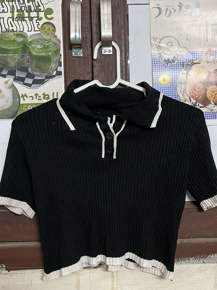 Black Ribbed Polo Crop Top