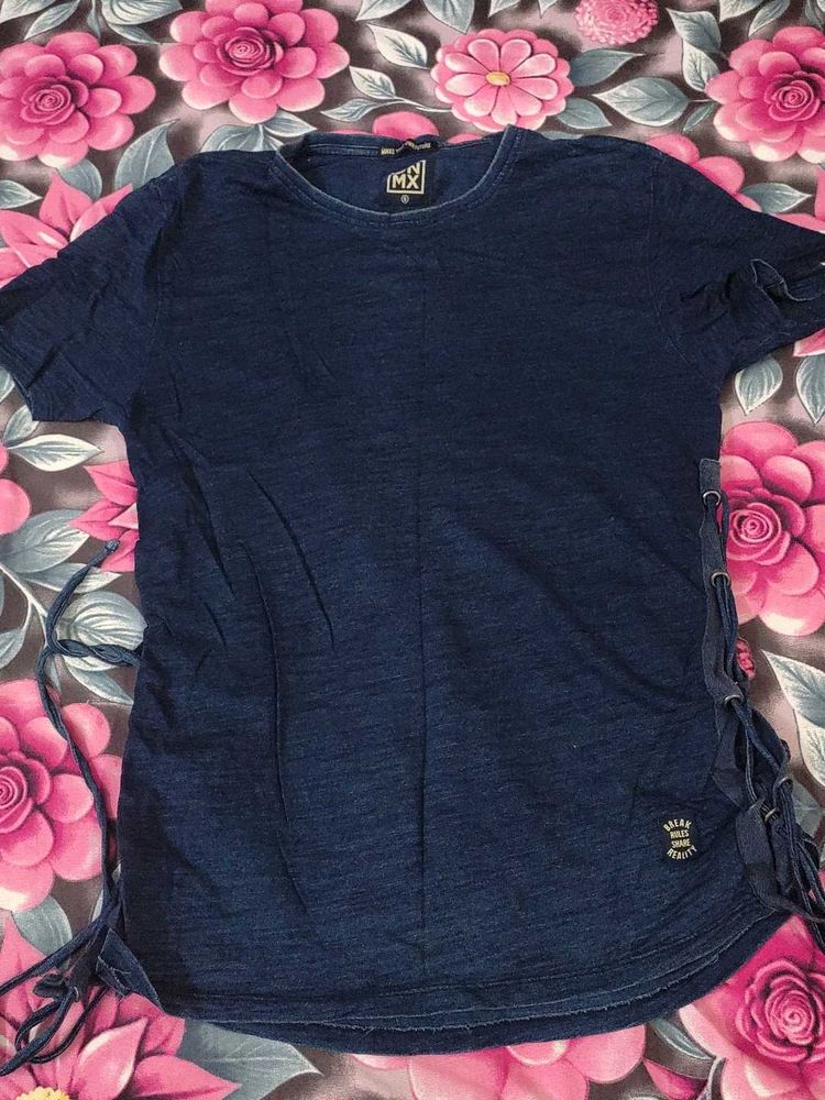 Stylish Blue Lace-Up T-Shirt