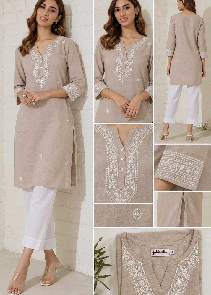 Fabindia Beige Cotton Embroidered Straight Kurti
