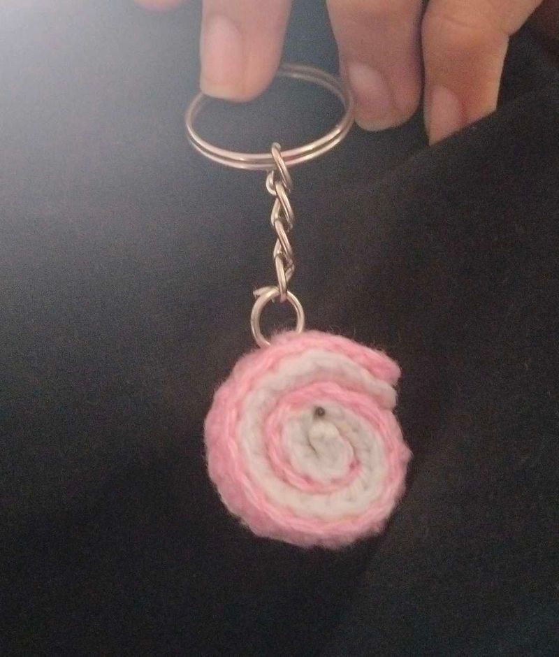 Crocheted Pink &amp; White cake Keychain