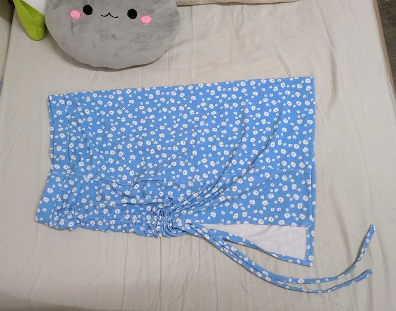 Blue floral knee length skirt with drawstring