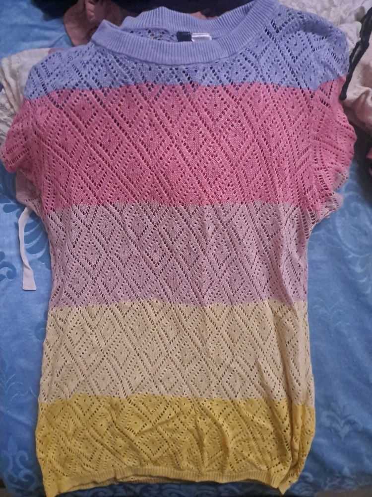 Crocheted Striped Short Sleeve Top
