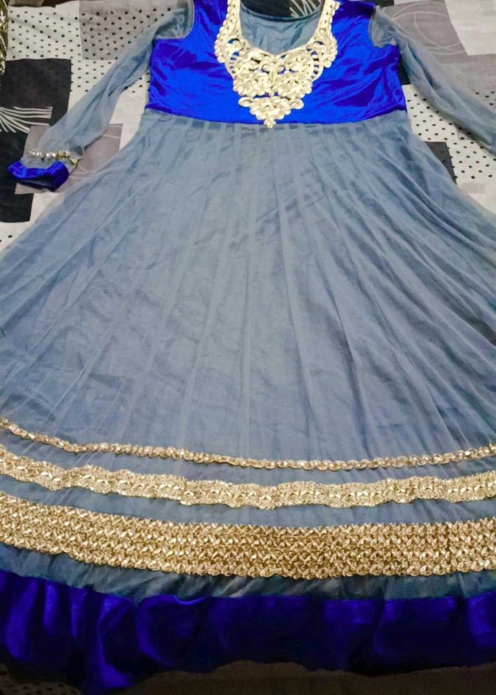 Elegant Blue &amp; Grey Anarkali Gown