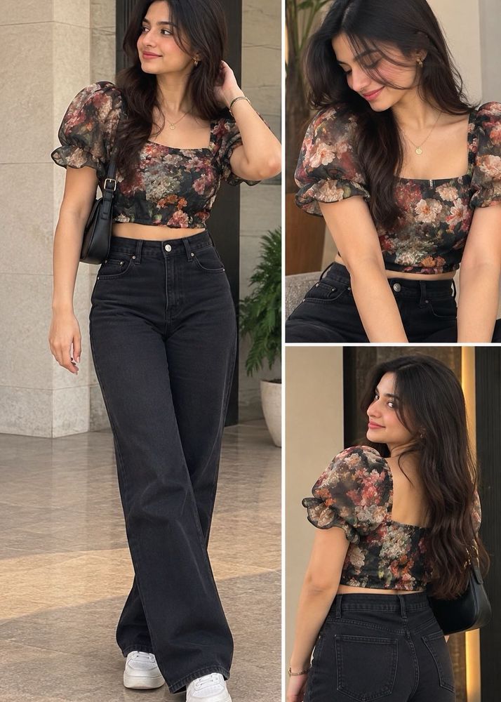 Floral Puff Sleeve Crop Top