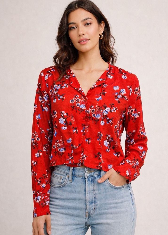 Red Floral Print Button-Up top