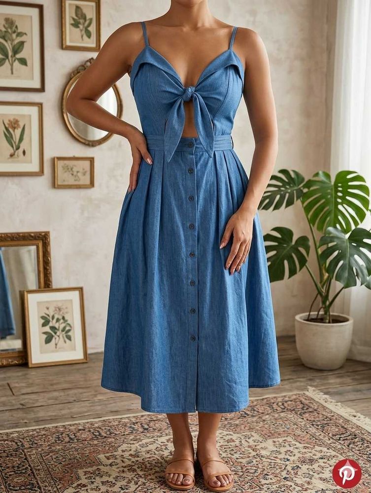 Denim Tie-Front Midi Dress