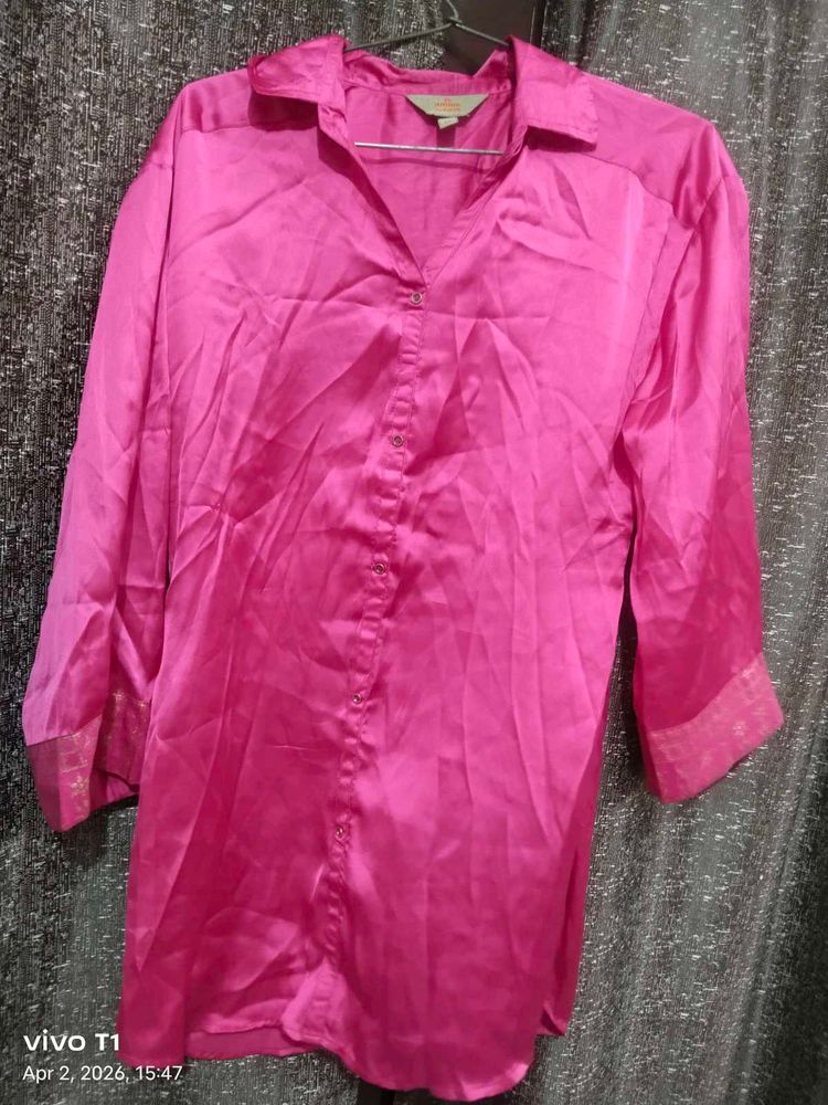 Vibrant Pink Satin Button-Up Tunic