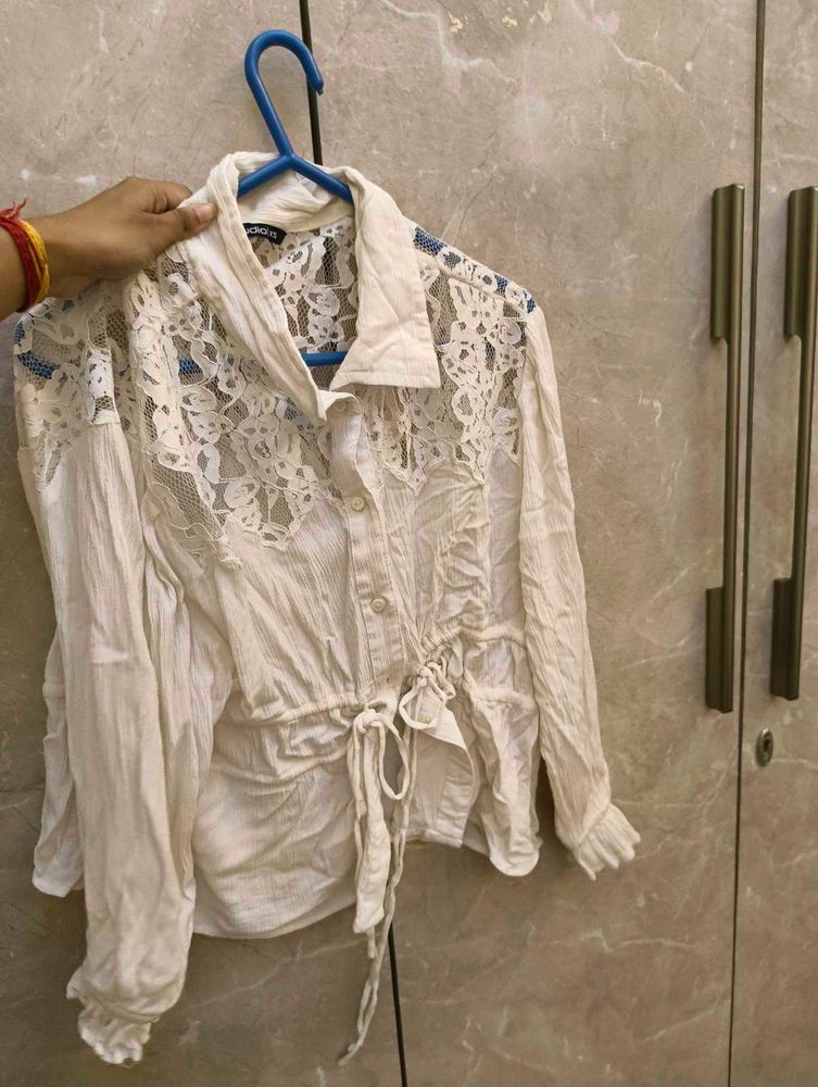 White Lace Detail Button-Down Top
