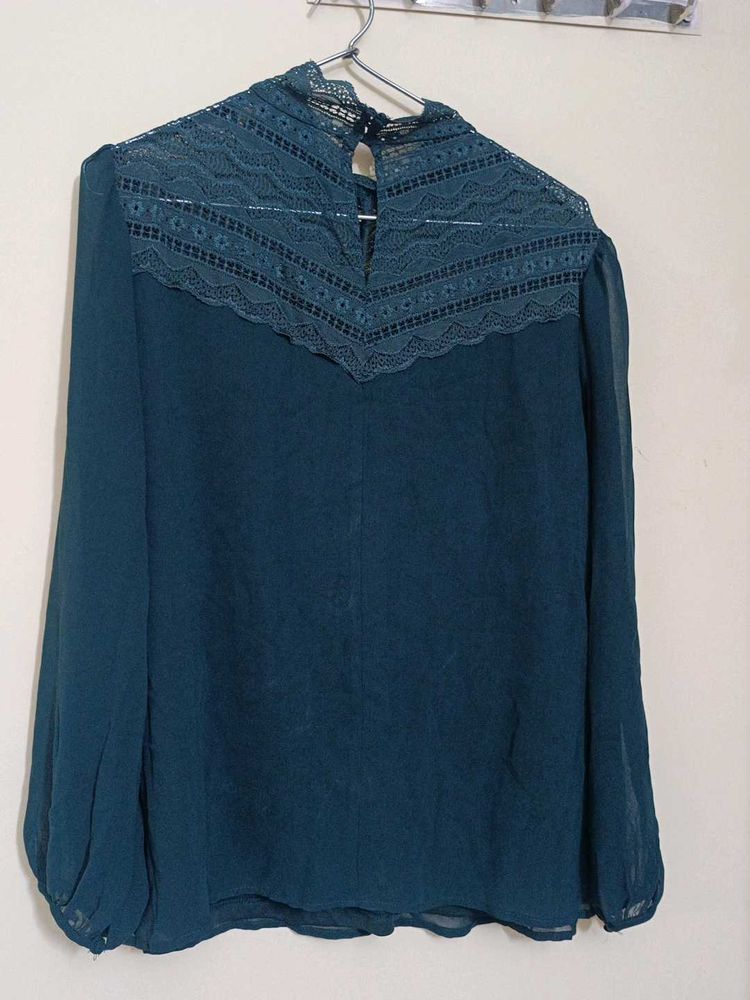 Elegant Teal Lace Neck Blouse