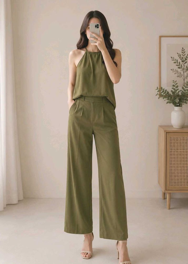 Light Olive Green Halter Neck Wide Leg Pants Set