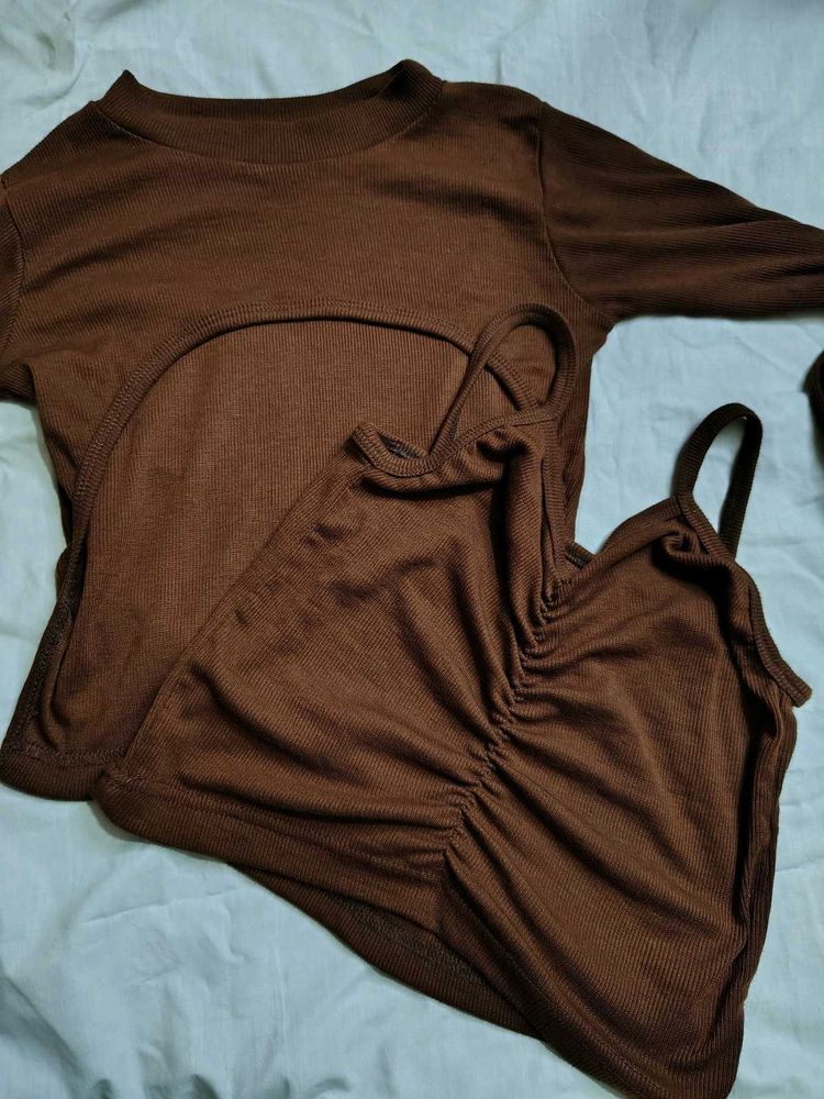 Ribbed Brown Two-Piece Top Set