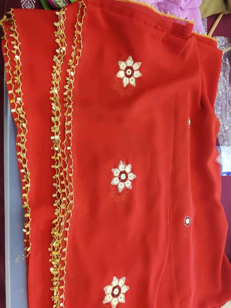 Beautiful Red Saree with Golden Embellishments