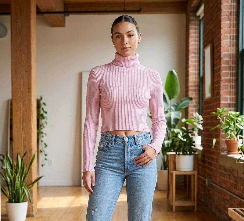 Pink Ribbed Turtleneck Crop Top