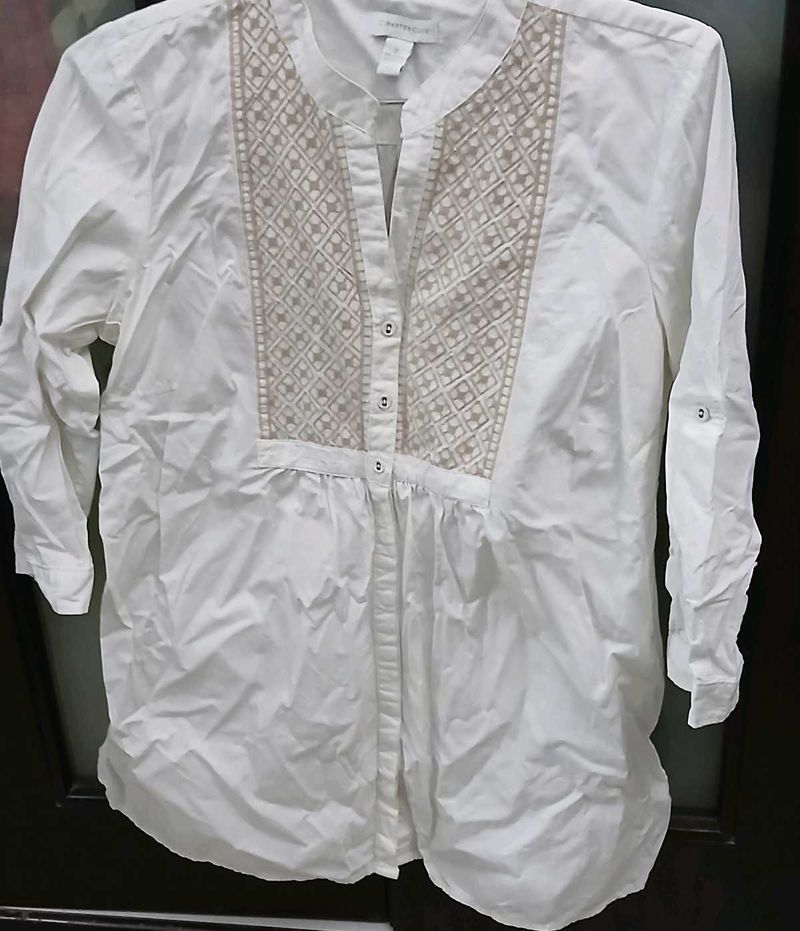 Elegant Embroidered White Cotton Tunic Top