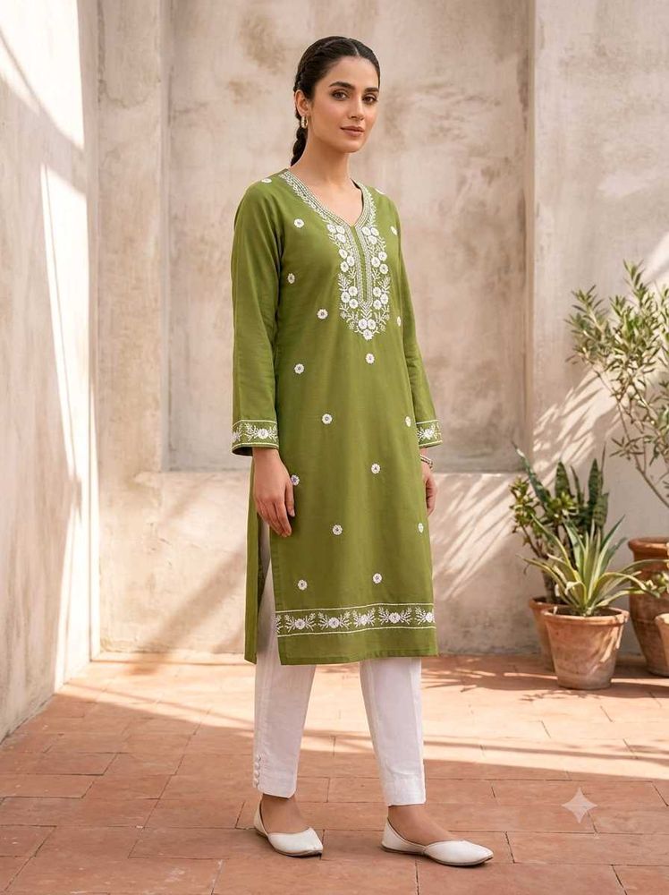 Elegant Olive Green Embroidered Kurti &amp; Pant